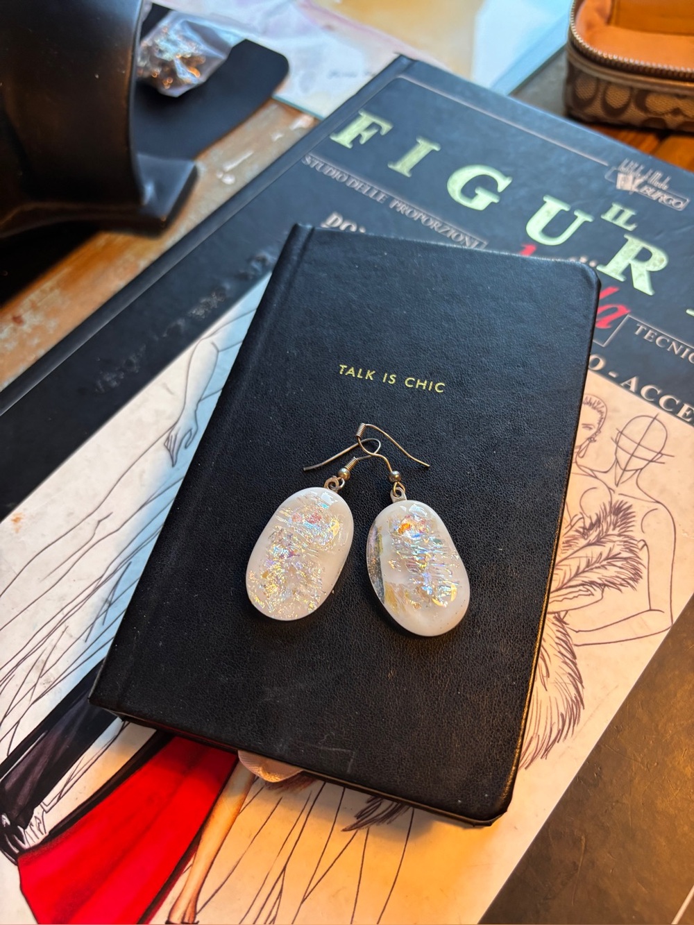 Fishhook Earrings White Oval Resin, Iridescent Shine, Gold Foil Bits, Boho Drop